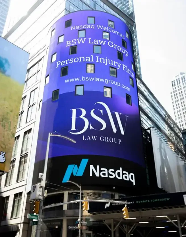 Digital advertisement on a New York City building displaying BSW Law